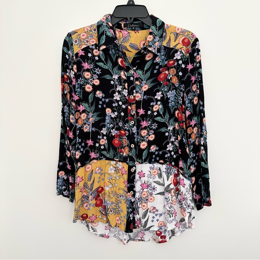 CALEAAS Floral Patchwork Button Down Rayon Blouse… - image 1